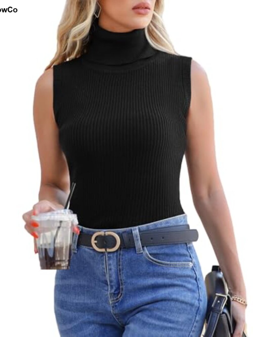Sleeveless Turtleneck Ribbed Tank Top Pullover Women Slim Fit